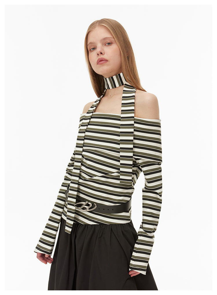 Off-shoulder neck strap striped knit