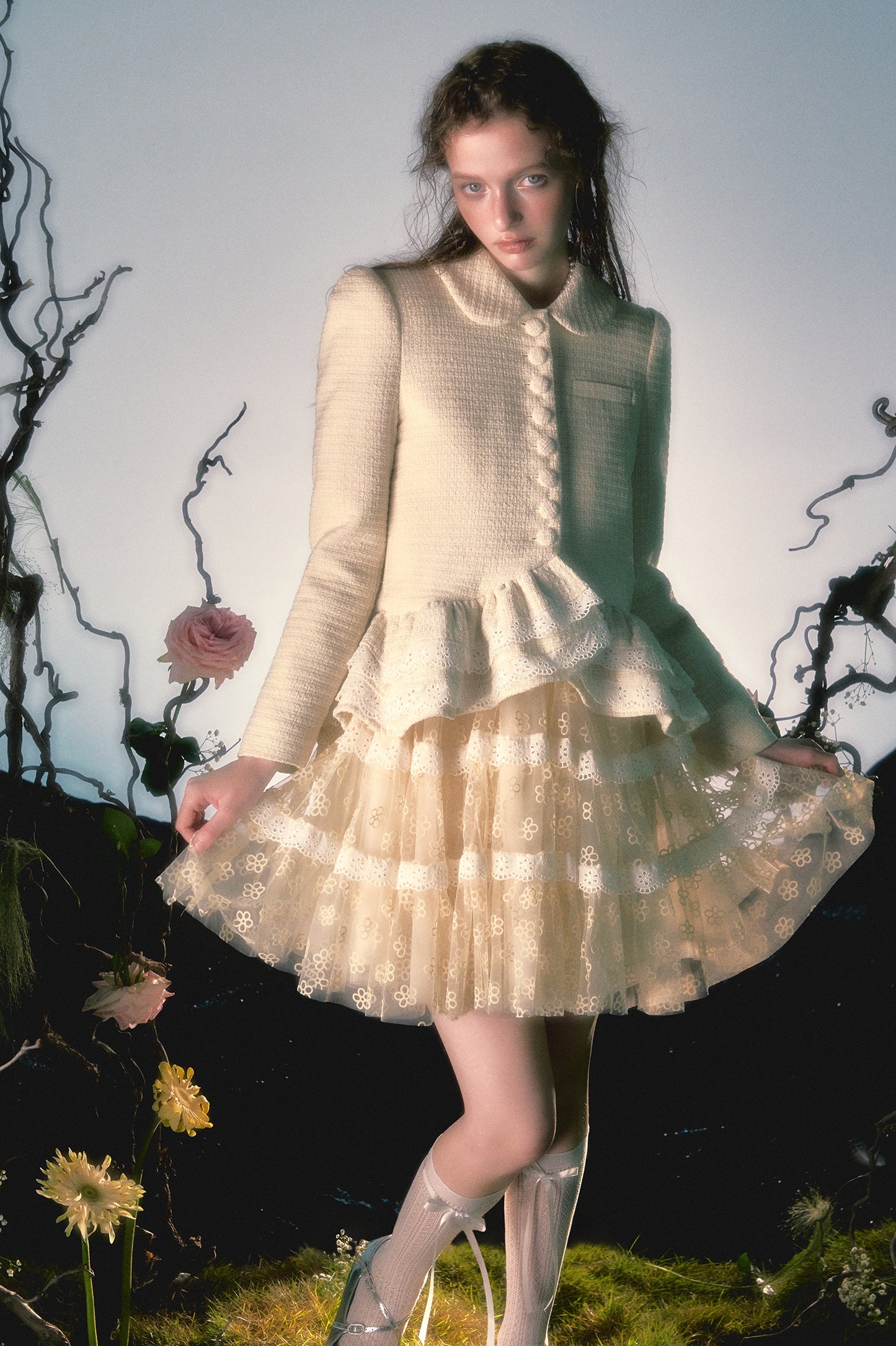 Flower Mesh Suspender Puff Skirt Suspender Dress