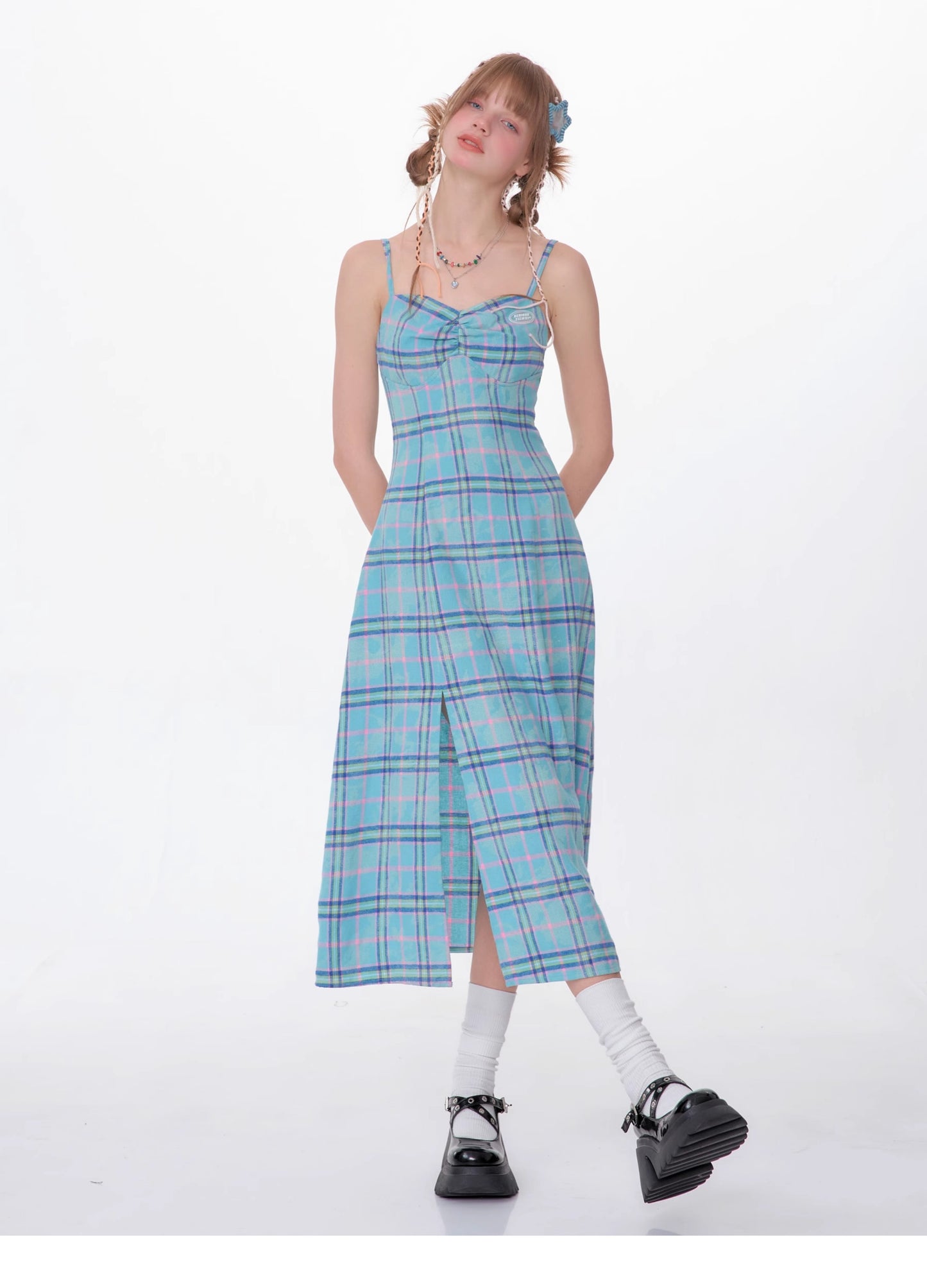 Slit Suspender Plaid Dress