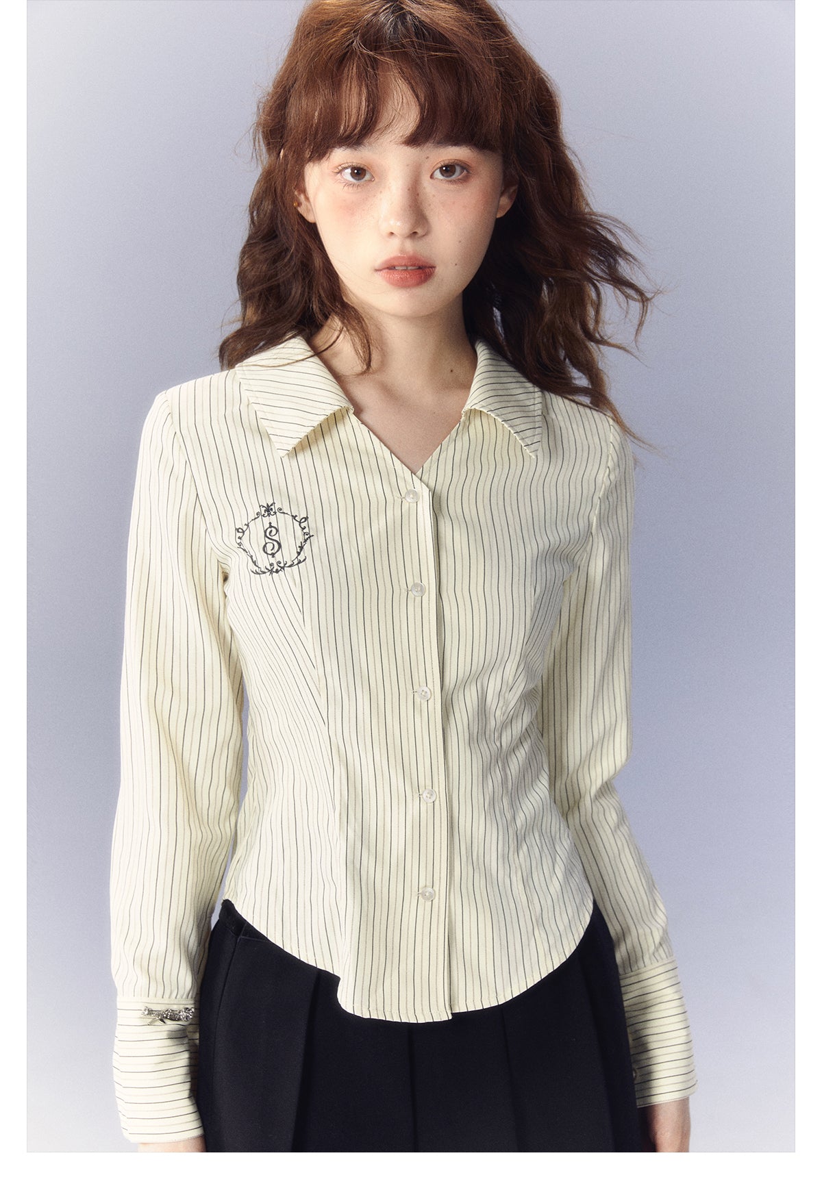 Stripe Embroidered Tie Long Sleeve Slim Shirt