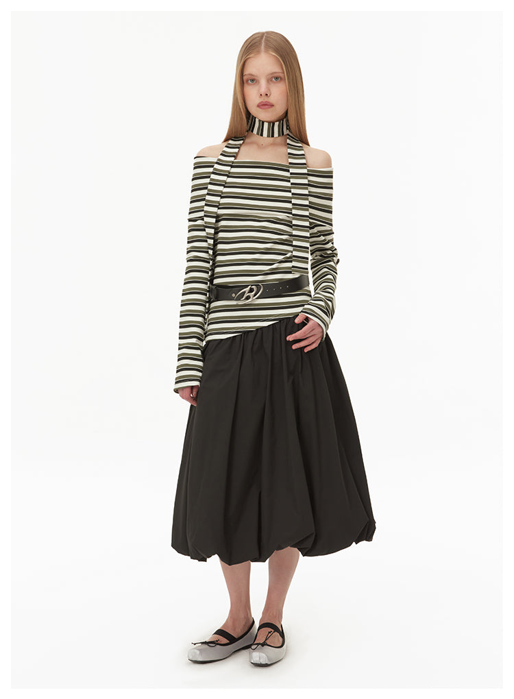 Off-shoulder neck strap striped knit