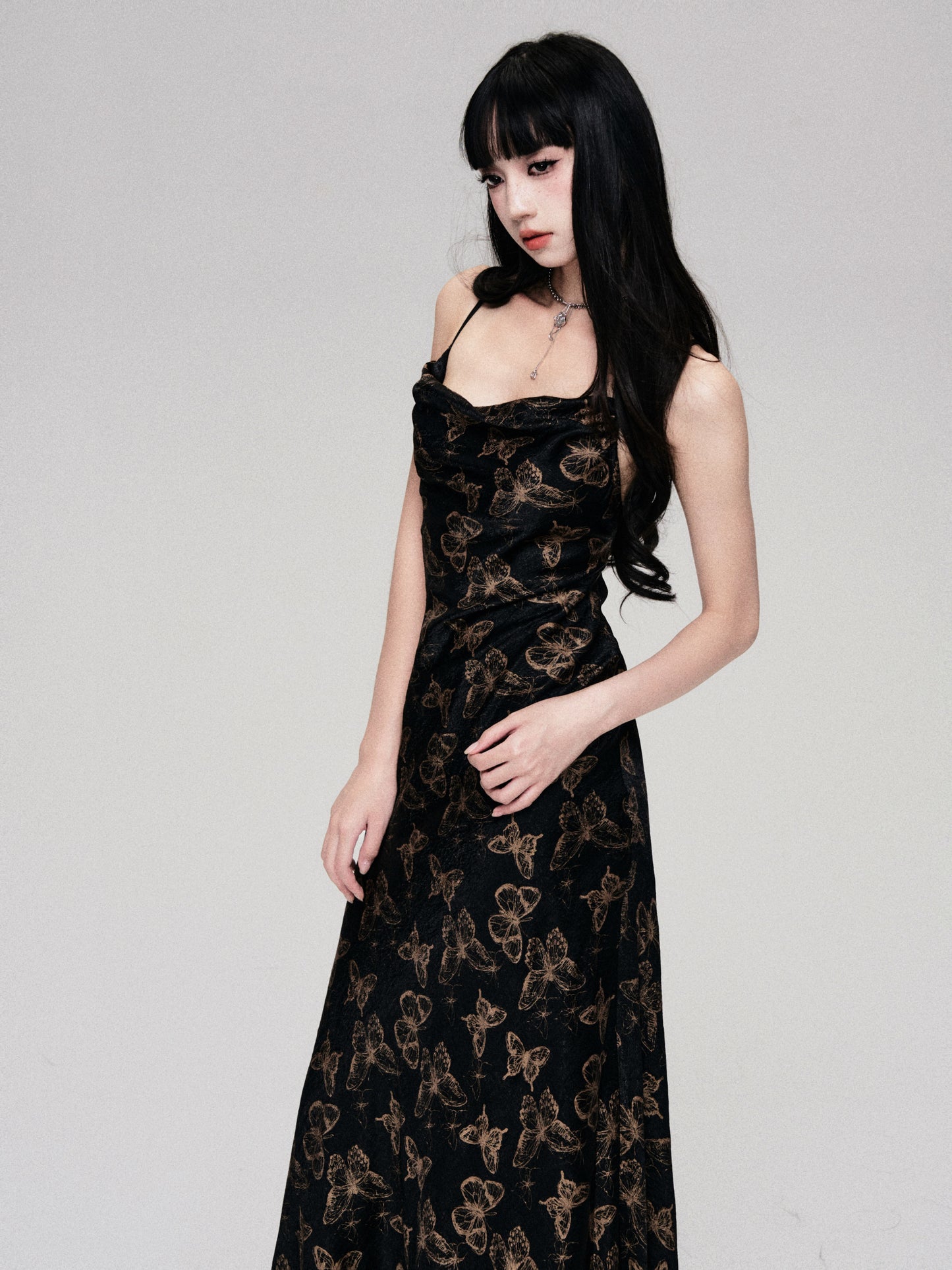 V-Neck Floral Pattern Long Length Suspender Dress