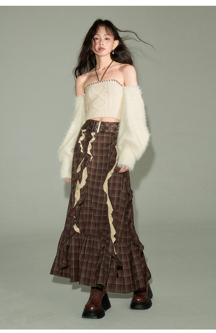 Irregular Design Plaid Long Length Skirt