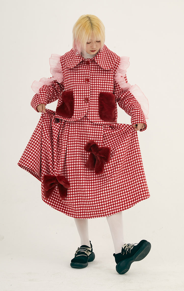 Girly Red Check Ruffle Jacket