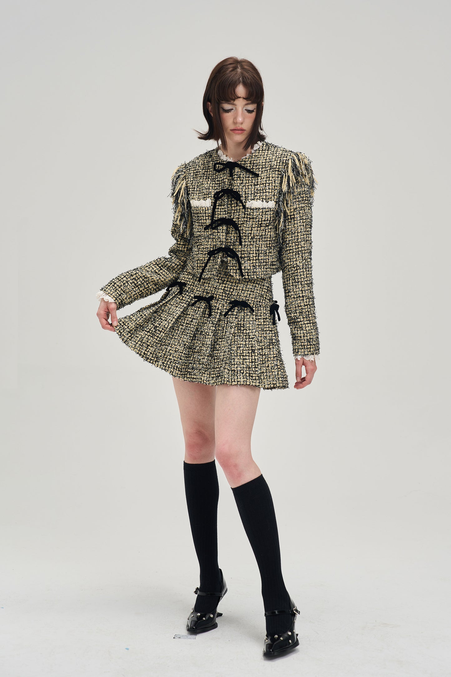 Ribbon Design Short Length Tweed Jacket & Short Length Tweed Ribbon Skirt