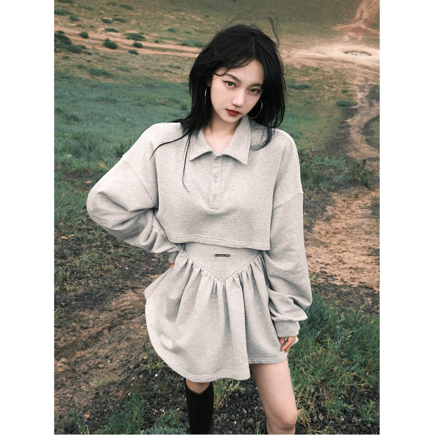 Loose Fit Casual Short Length Sweatshirt &amp; Short Length Sweatshirt Skirt Setup