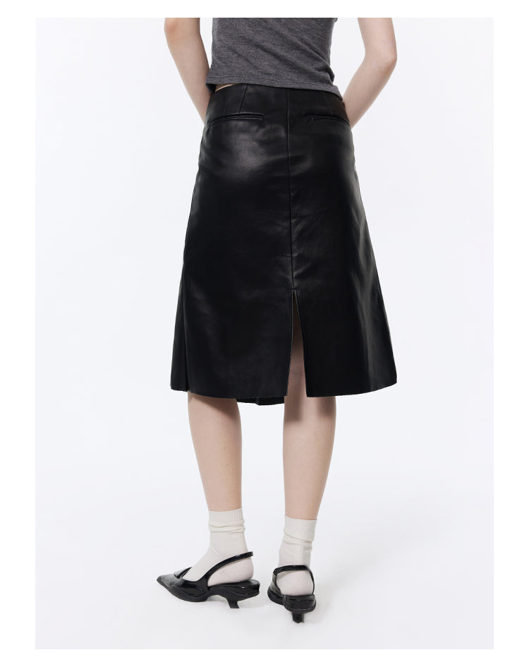 Retro Pleated A-line Leather Skirt