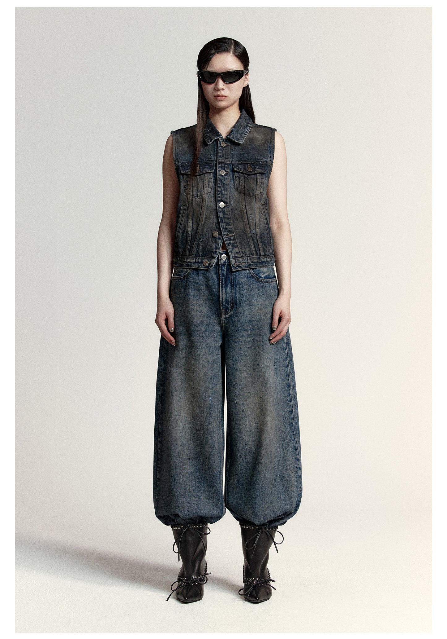 Wide straight washed retro denim pants