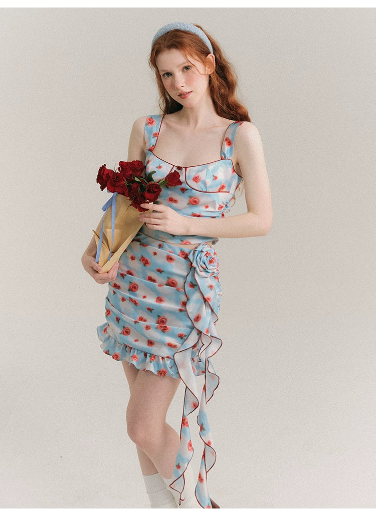 Slim Fit Rose Floral Pattern Suspender Dress