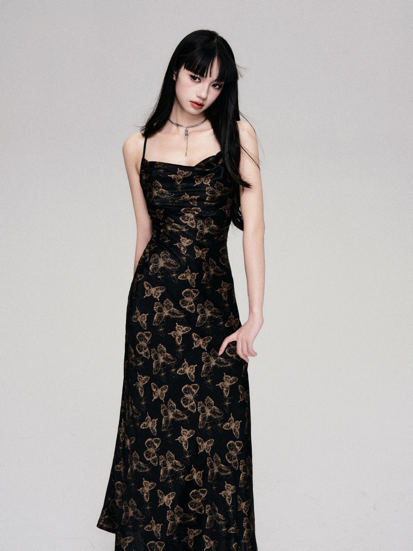 V-Neck Floral Pattern Long Length Suspender Dress