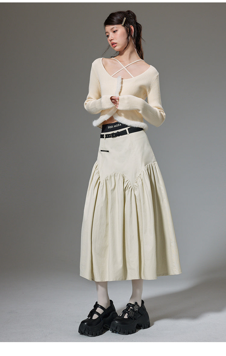 High Waist Stitch Pleated A-Line Long Skirt