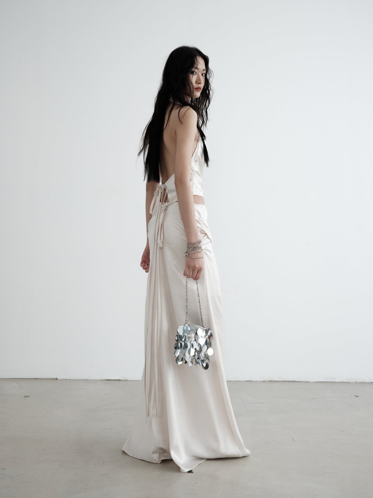 Pearl White Draped Vest and Long Skirt Set