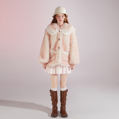 Original designSweet Baby Collar White&Pink Fur Coat