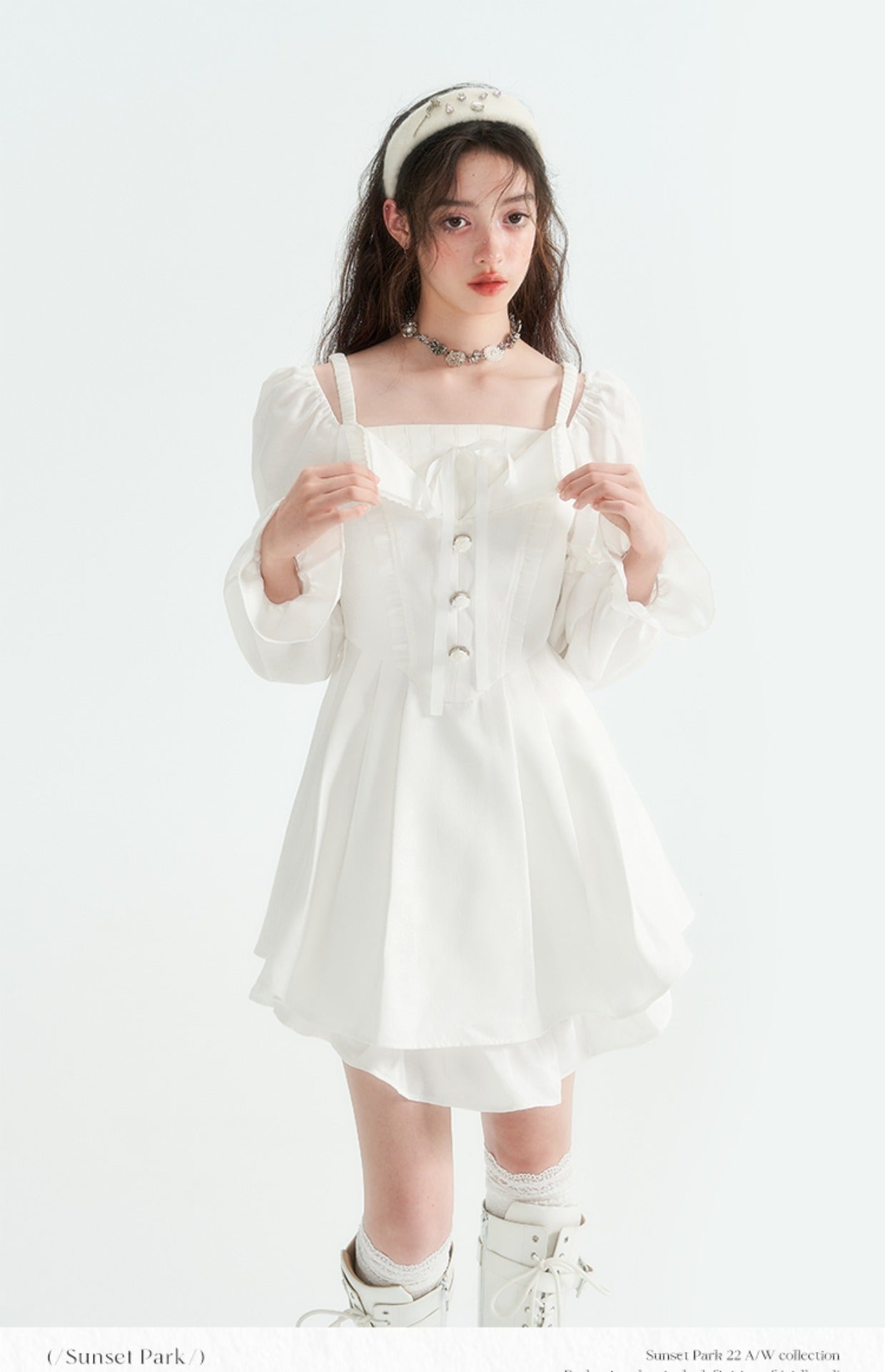 White Square Neck Puff Sleeve Tea Break Dress