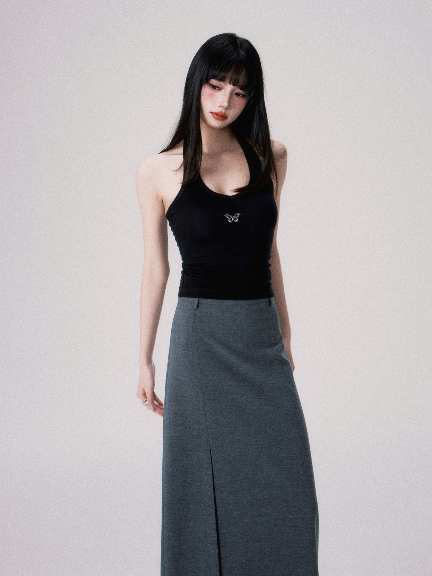 Slim straight mid-waist slit long skirt