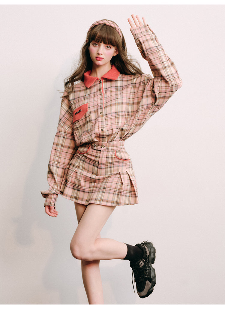 Loose Fit Plaid Shirt Jacket &amp; Pleated Skirt Set-Up