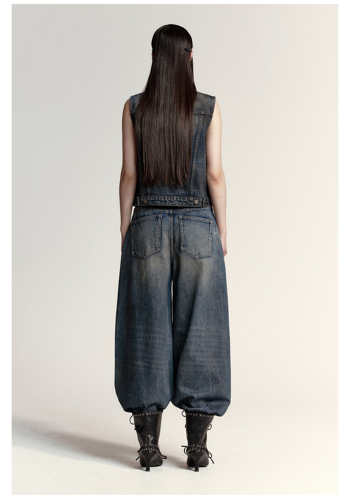 Wide straight washed retro denim pants