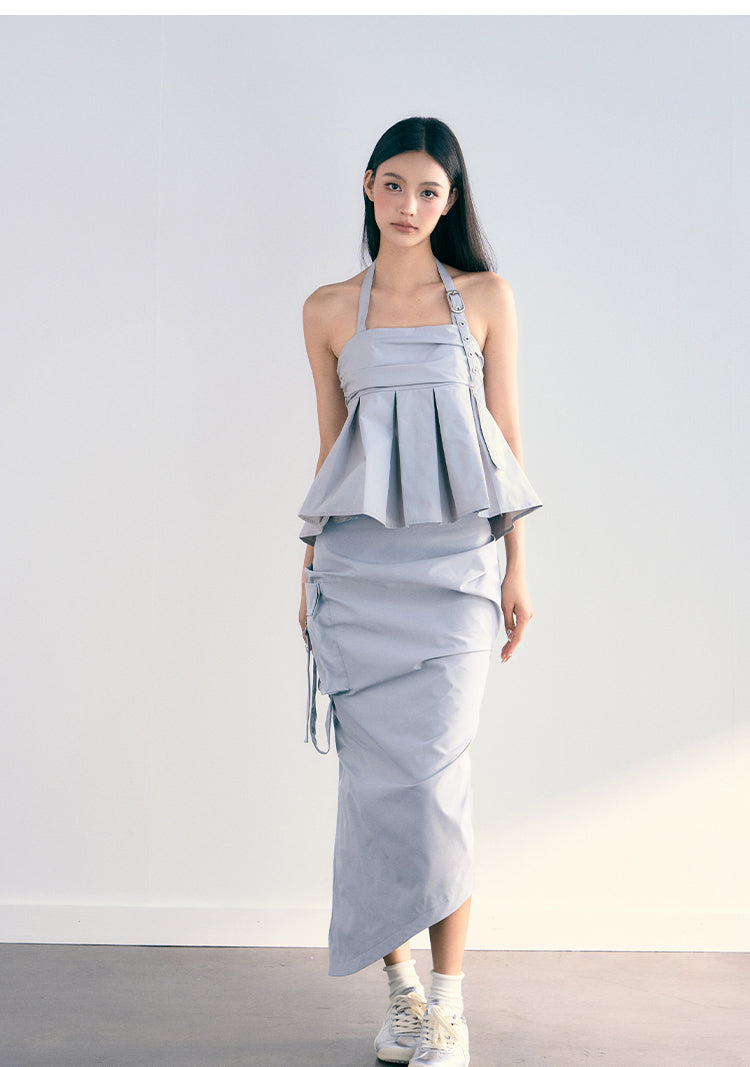 Sleeveless Pleated Suspender Top & Slim Fit Tsuri-Ring Skirt Setup