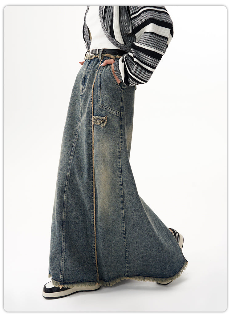 Washed Denim Long Skirt