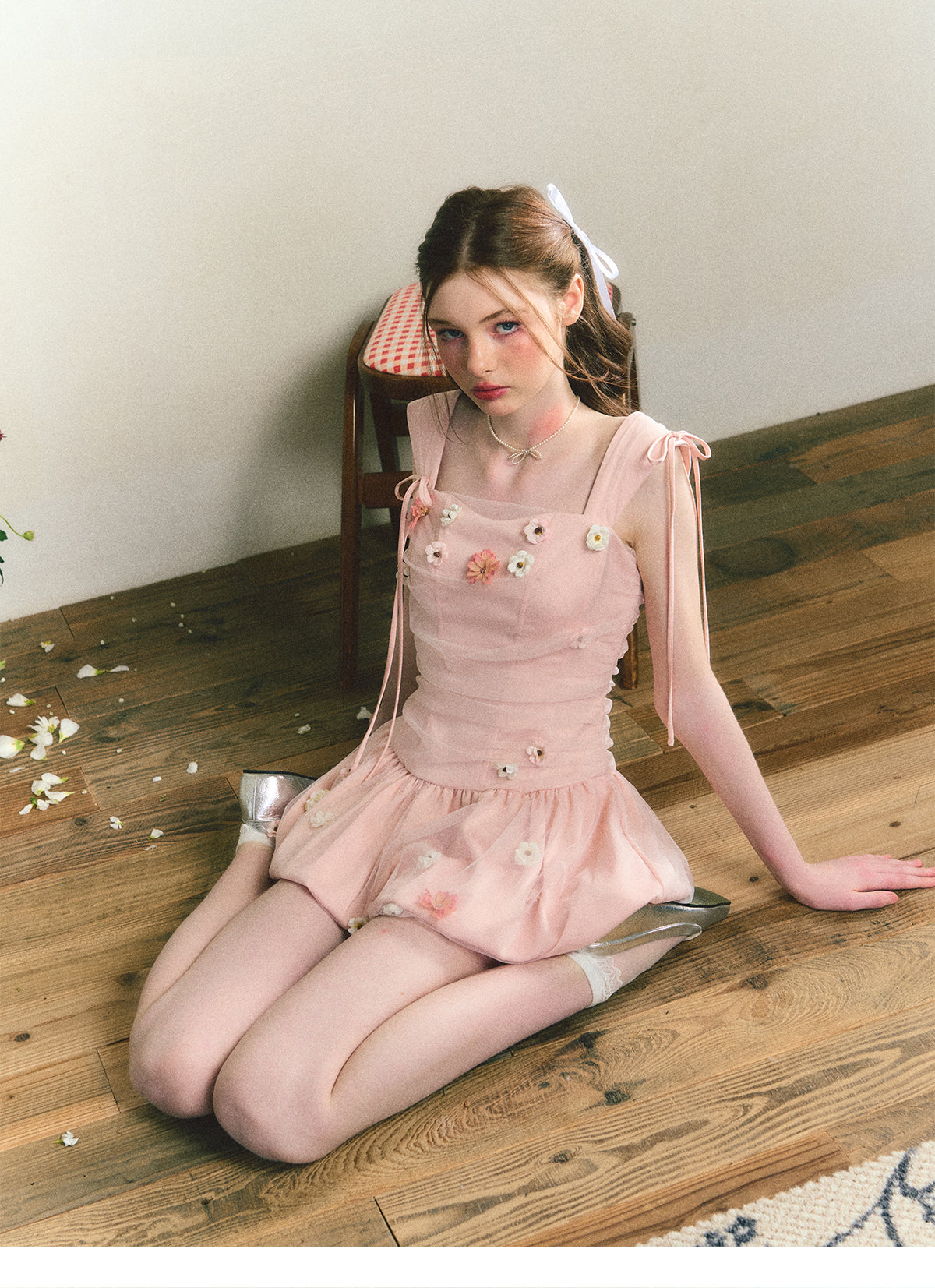 Handmade flower bud suspender dress