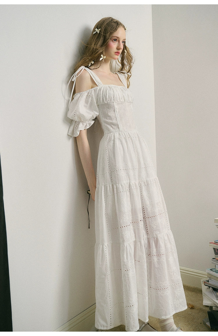 French Girly Embroidered Off-Shoulder Long Dress