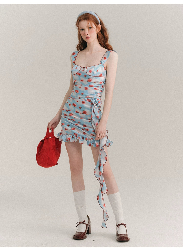 Slim Fit Rose Floral Pattern Suspender Dress