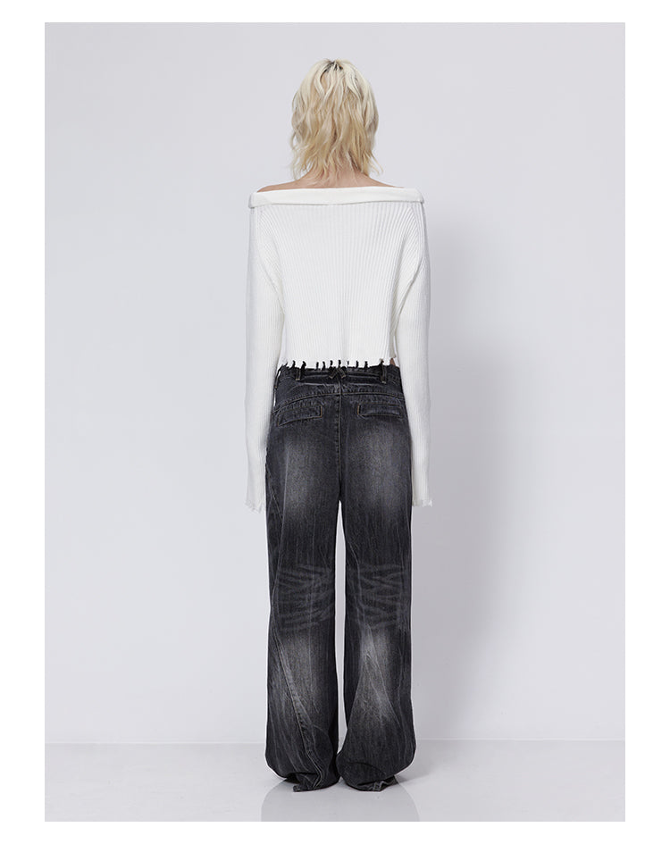 Wide Leg Washed Retro Flared Black Denim Pants