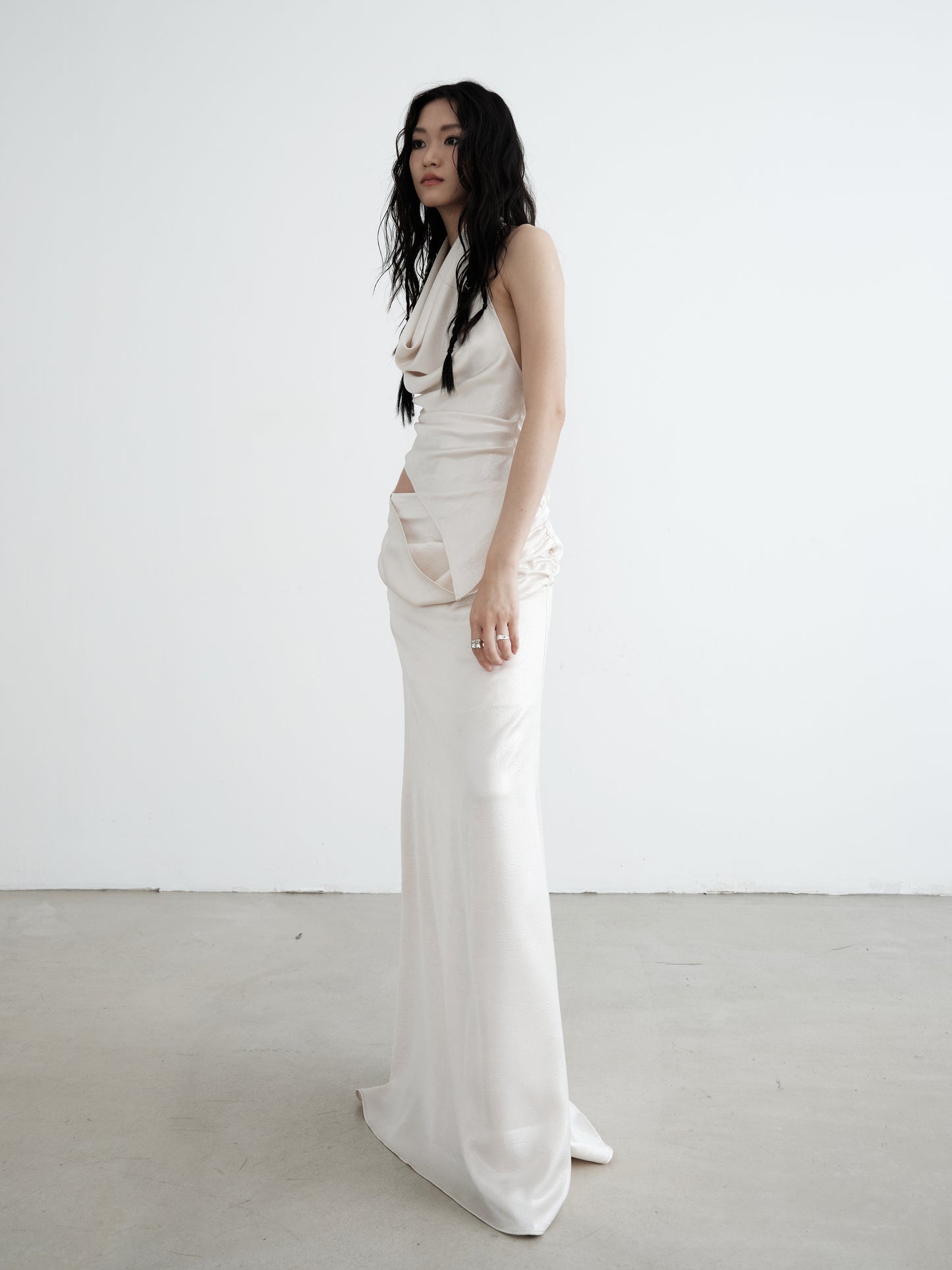 Pearl White Draped Vest and Long Skirt Set