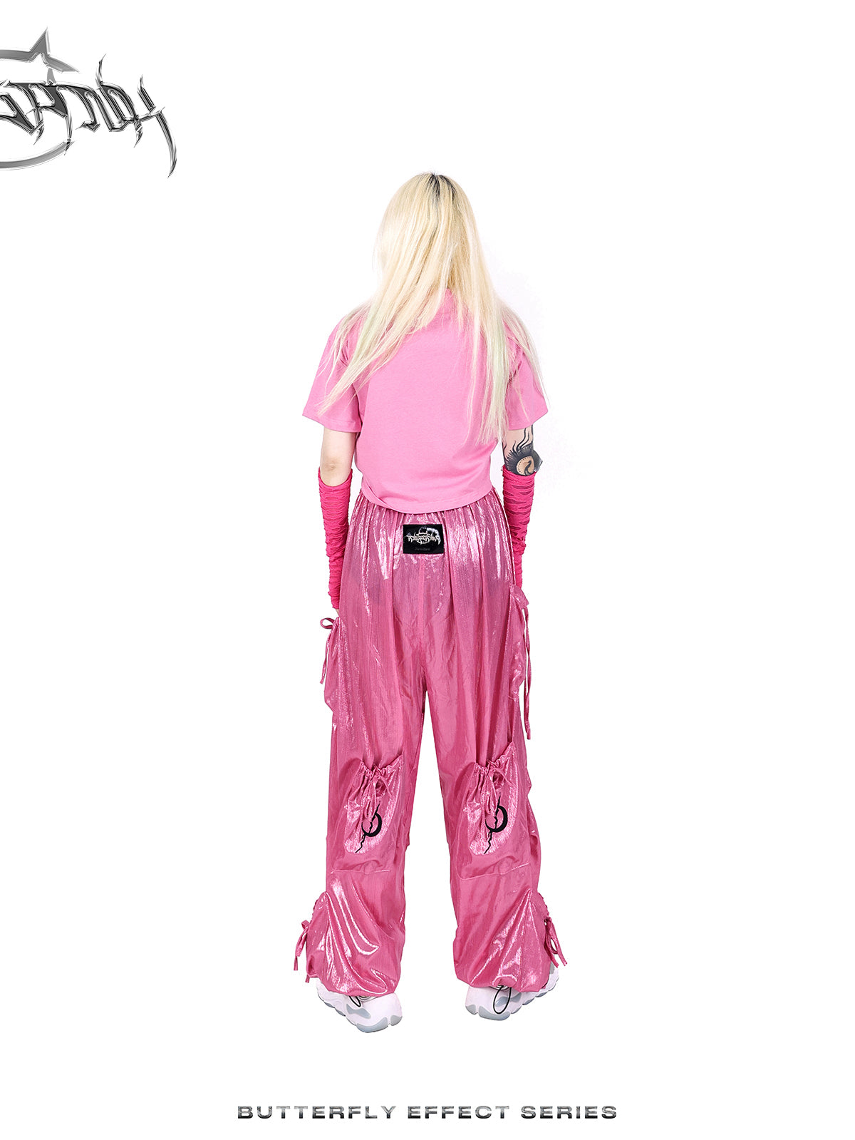 Wide-leg multi-pocket shiny cargo pants