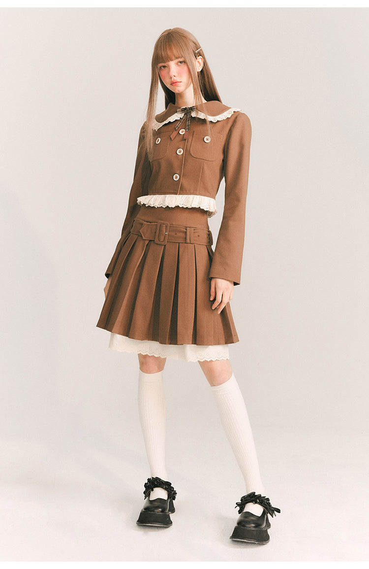 Short Length Frill Neck Jacket & Pleated Skirt Set-Up