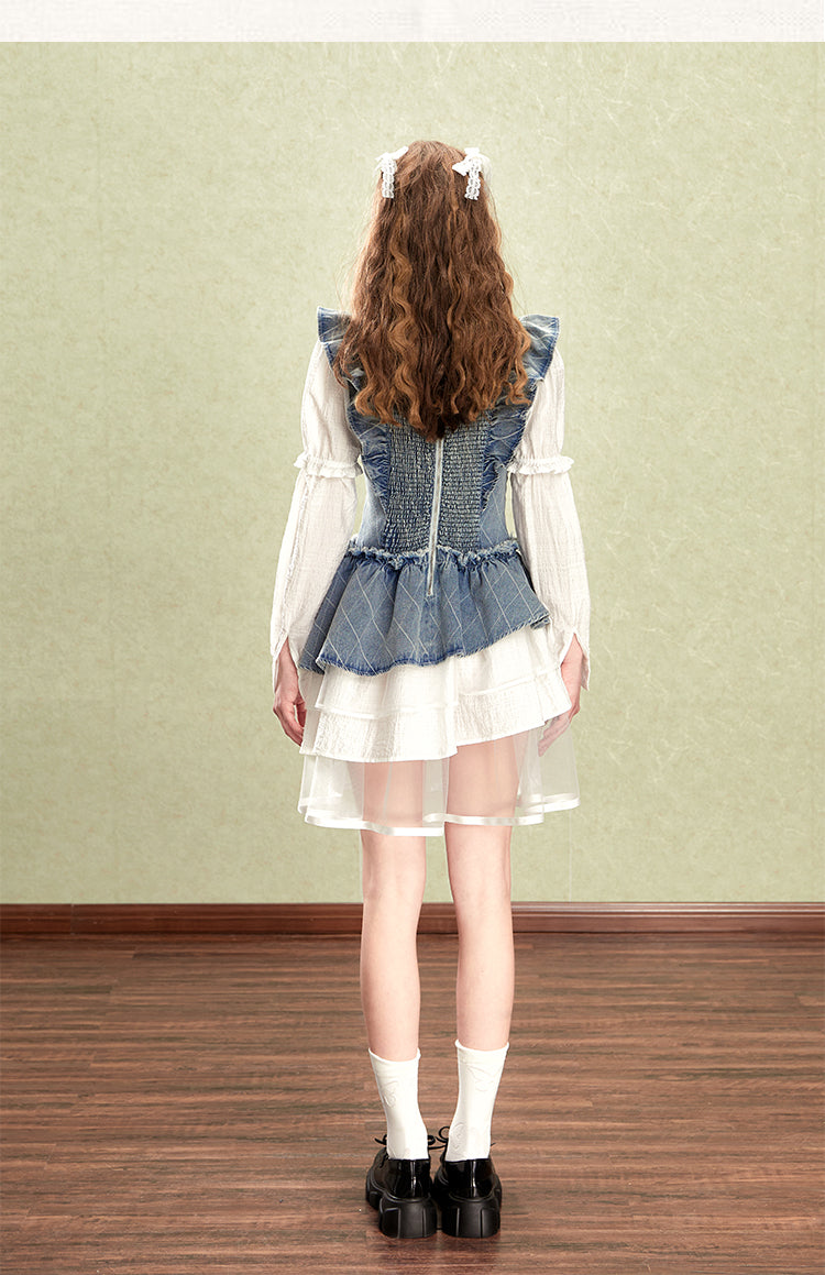 Original Sweet Little Flying Sleep Splice Denim Faux Two Piece Waist Dress