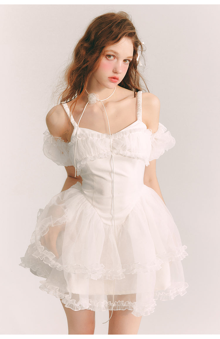 Frill Suspender Puff Skirt Short Dress