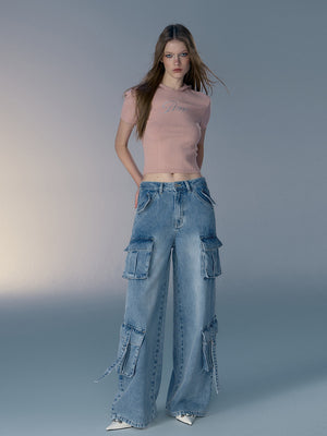 Multi-pocket Washed Loose Straight Denim Pants