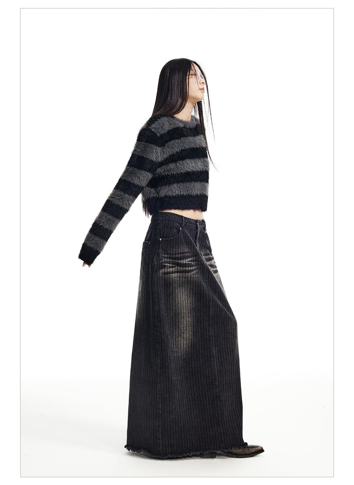 Stripe wash long skirt