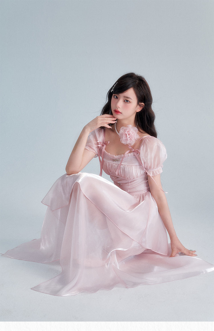 Pink Square Neck Puff Sleeve Long Dress