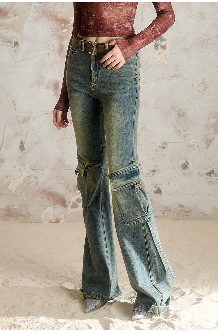 Slimming Bootcut Retro Blue Pocket Wash Pants