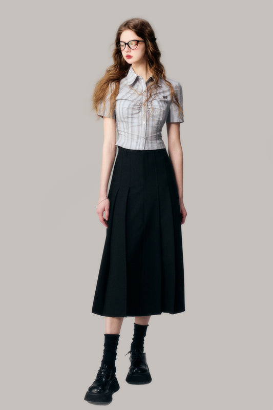 College Style Pleated Slim Long Skirt