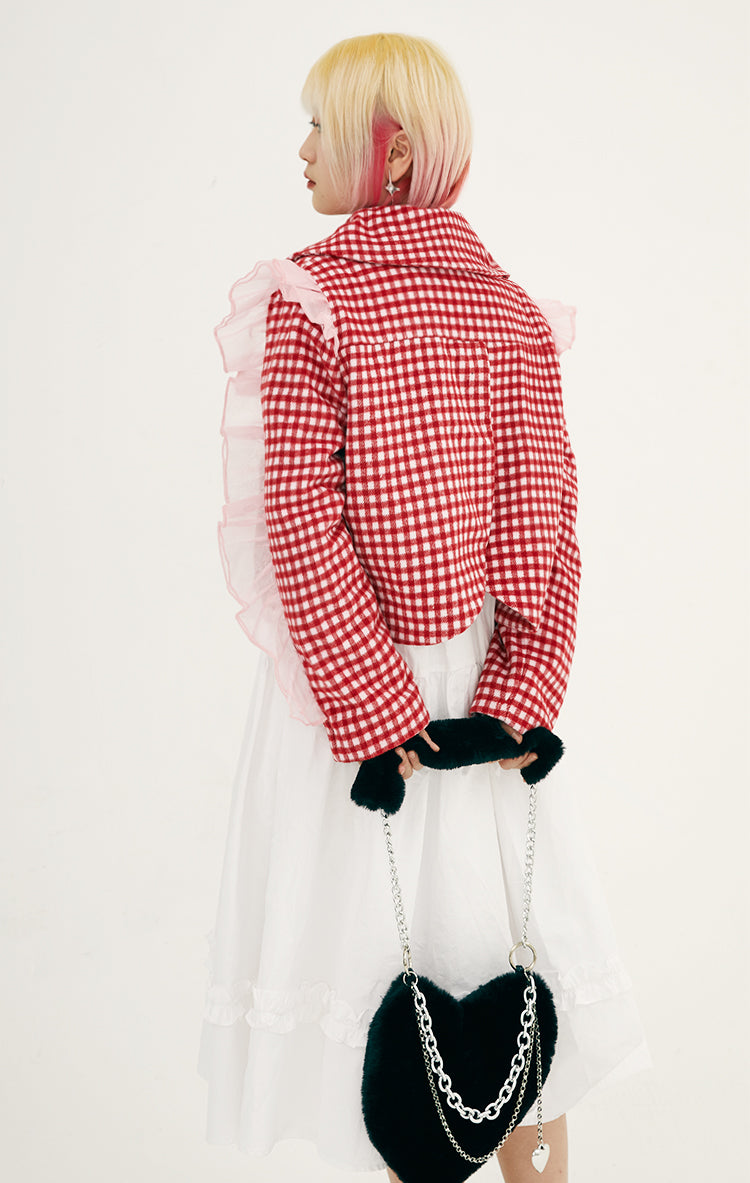 Girly Red Check Ruffle Jacket