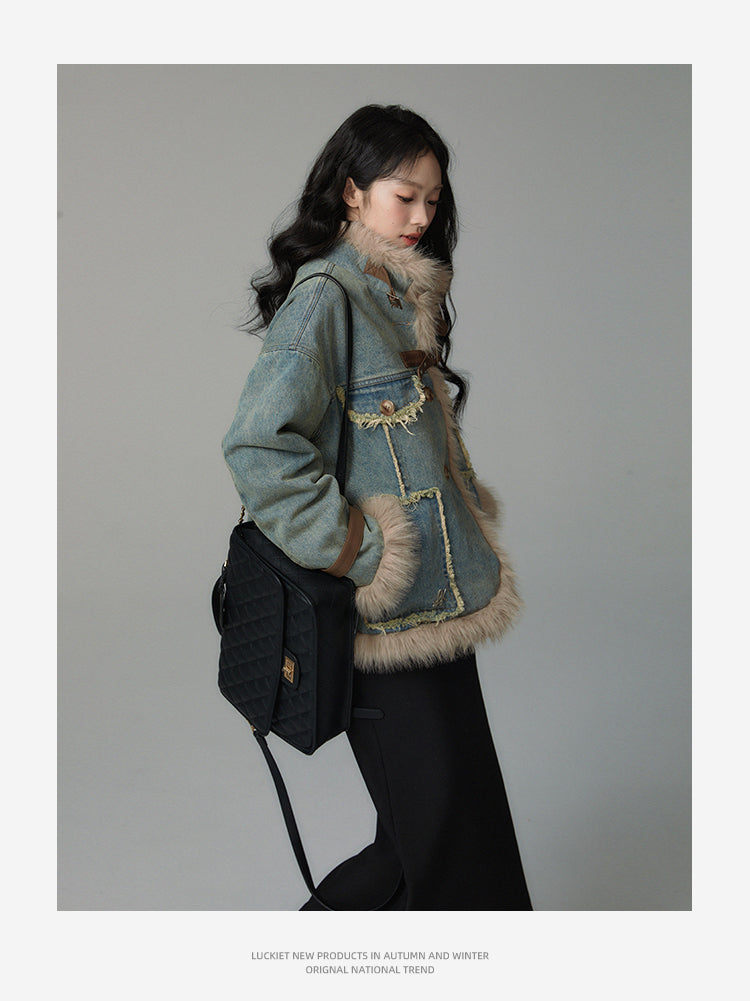 retro fur stitch denim coat