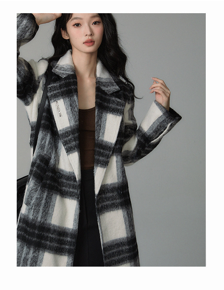 Checked wool mid-length coat