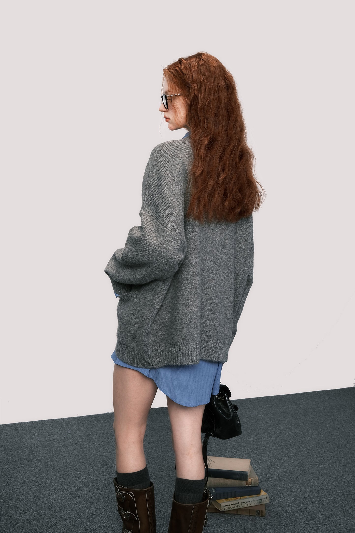 High-end gray wool knit cardigan