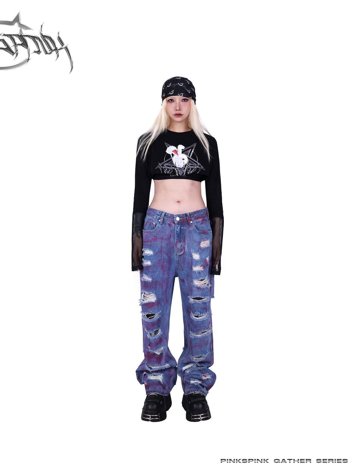 Loose Straight Graffiti Damaged Denim Pants