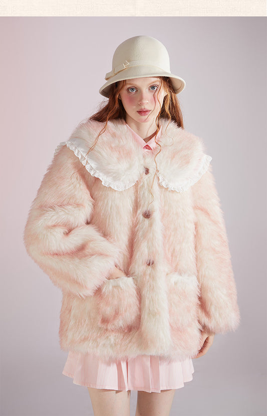 Original designSweet Baby Collar White&Pink Fur Coat