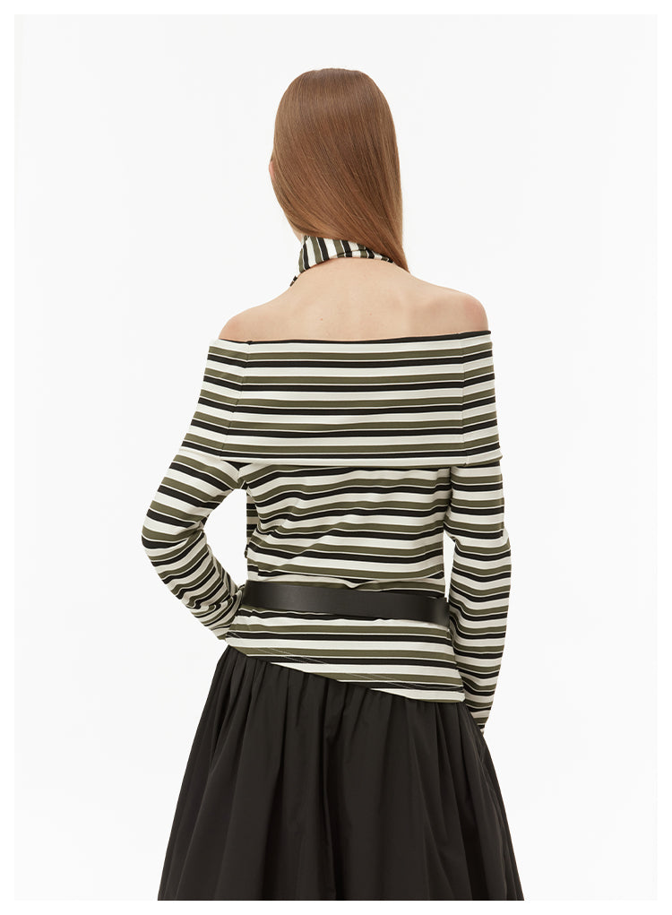 Off-shoulder neck strap striped knit