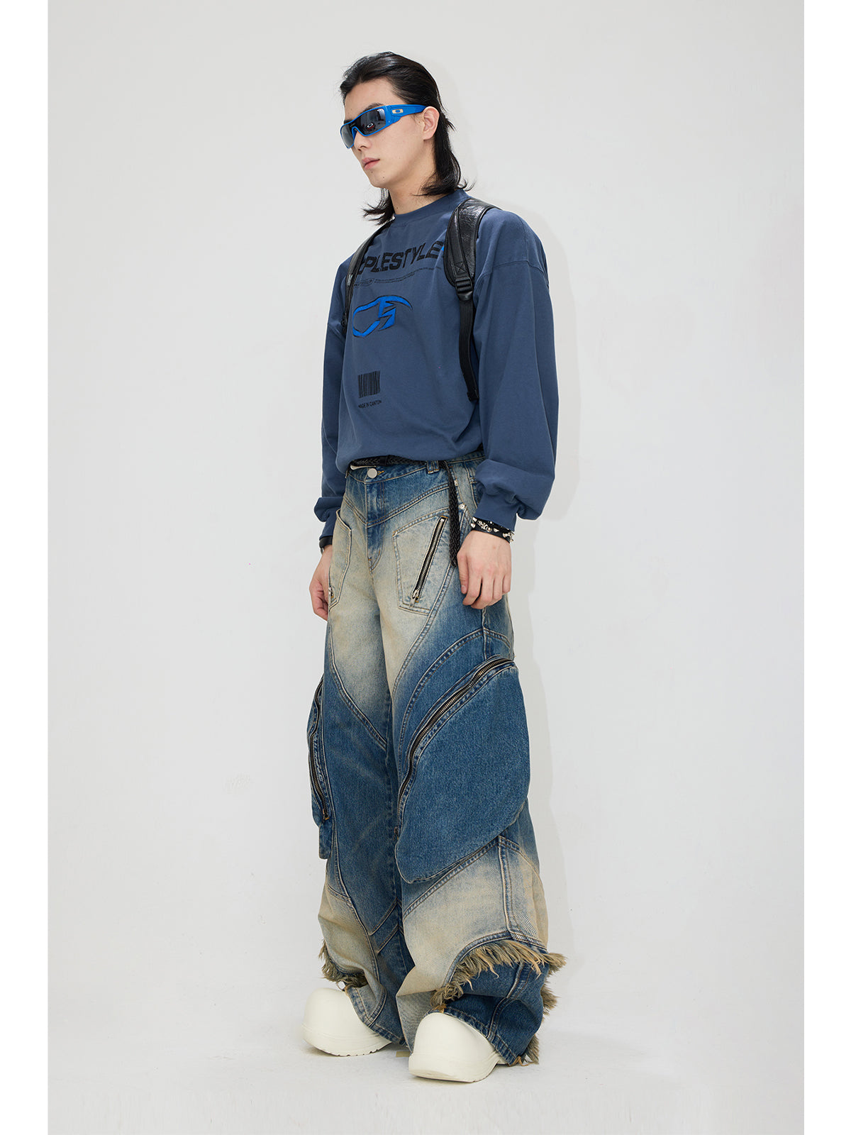 Loose Straight Multi-pocket Washed Denim Pants