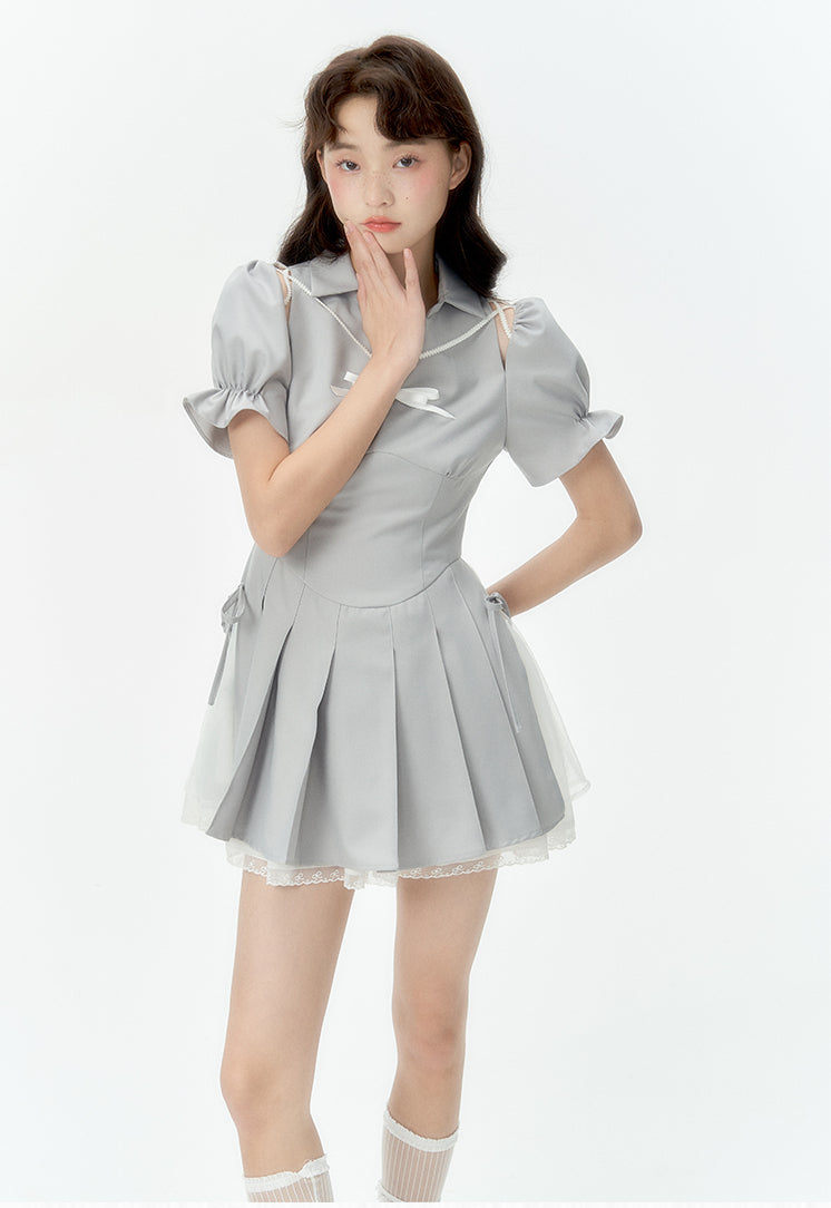 Mist Gray Small V-Neck Puff Sleeves Pleated Dress