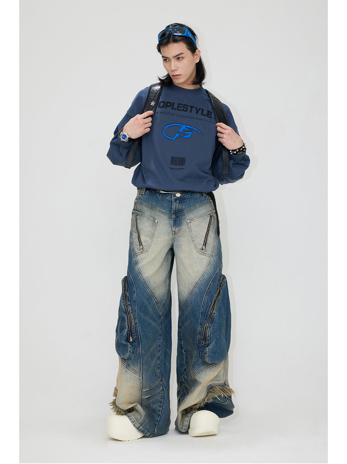 Loose Straight Multi-pocket Washed Denim Pants