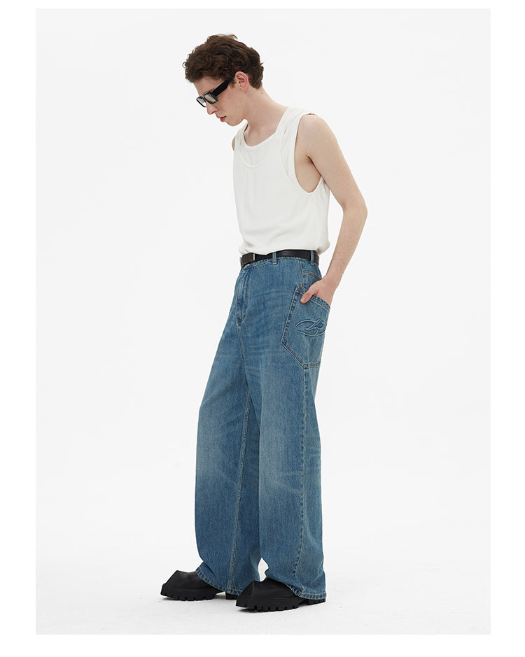 Wide leg irregular pocket washed denim pants