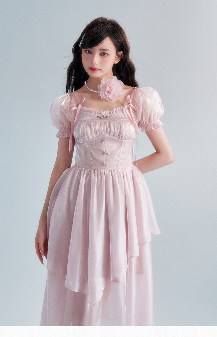 Pink Square Neck Puff Sleeve Long Dress