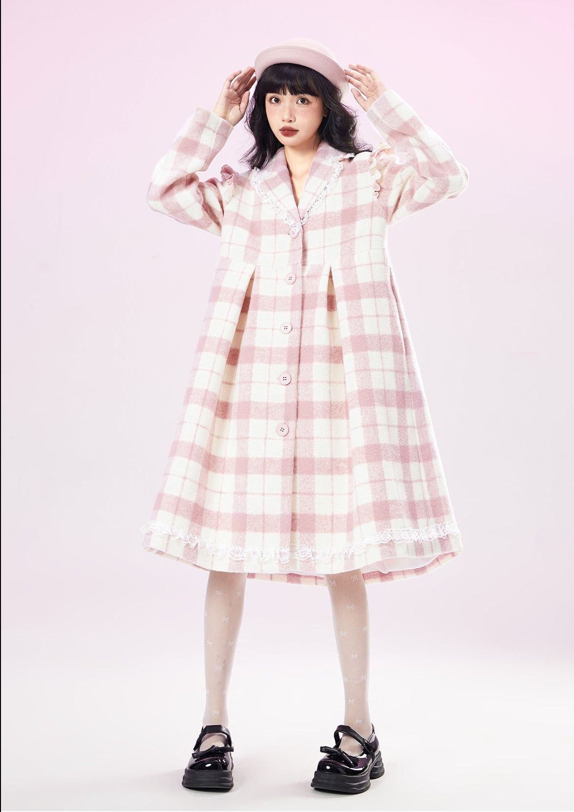 Original Design pink checked wool coat ladies